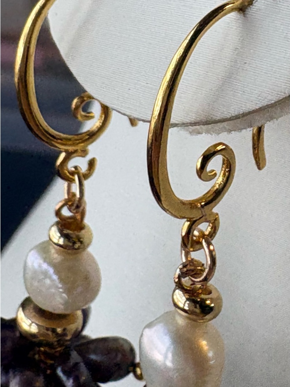 Artisan Handmade Freshwater Pearl Gold Drop Dangle Earrings Green Purple - Picture 7 of 7